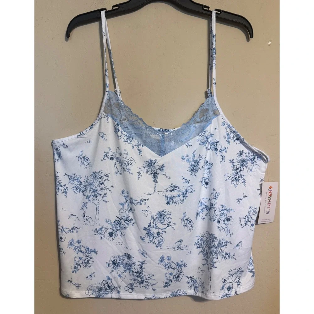 Joyspun Pajama Set Women XL White Blue Floral Lace Trim Cami Shorts NEW‎